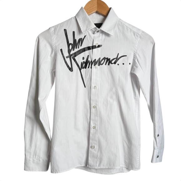 John Richmond Button Down Dress Shirt Boy’s 12 White Black Chest Logo Cufflinks - Picture 1 of 15